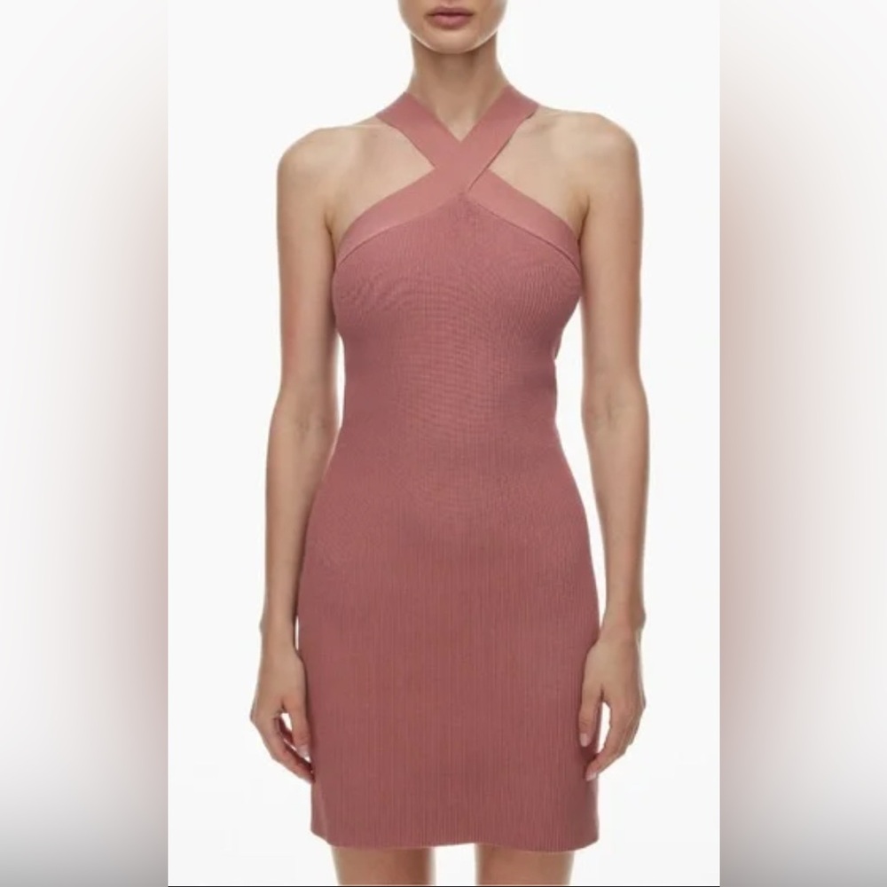 NWT Babaton Aritzia Sculpt Knit Criss Cross Dress Mauve Holiday Party Dress Sz S